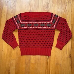 Vintage Sunrise Sweater Womens Large Red Fair Isle Acrylic Knit Pullover 80s 90s